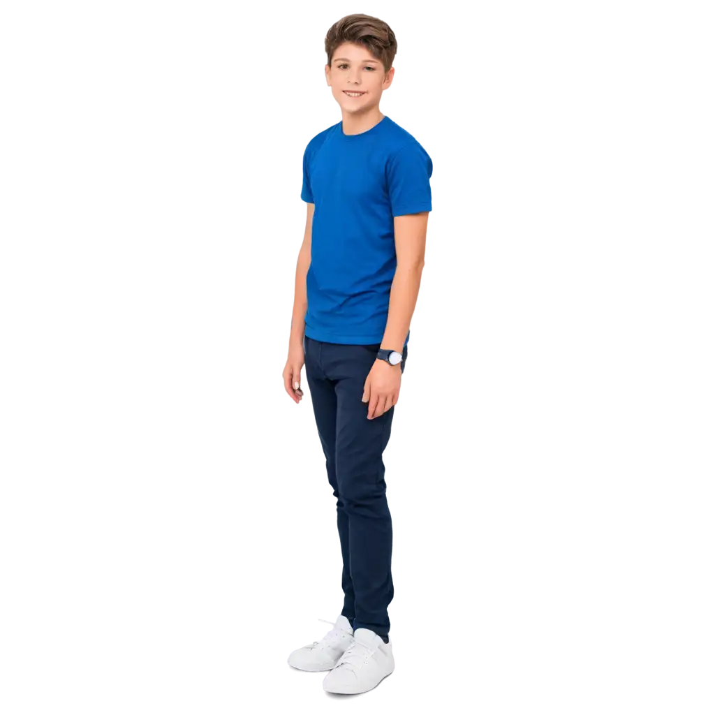 A boy wearing a fresh, blue T-shirt and navy blue pants, with his hand in his pocket
