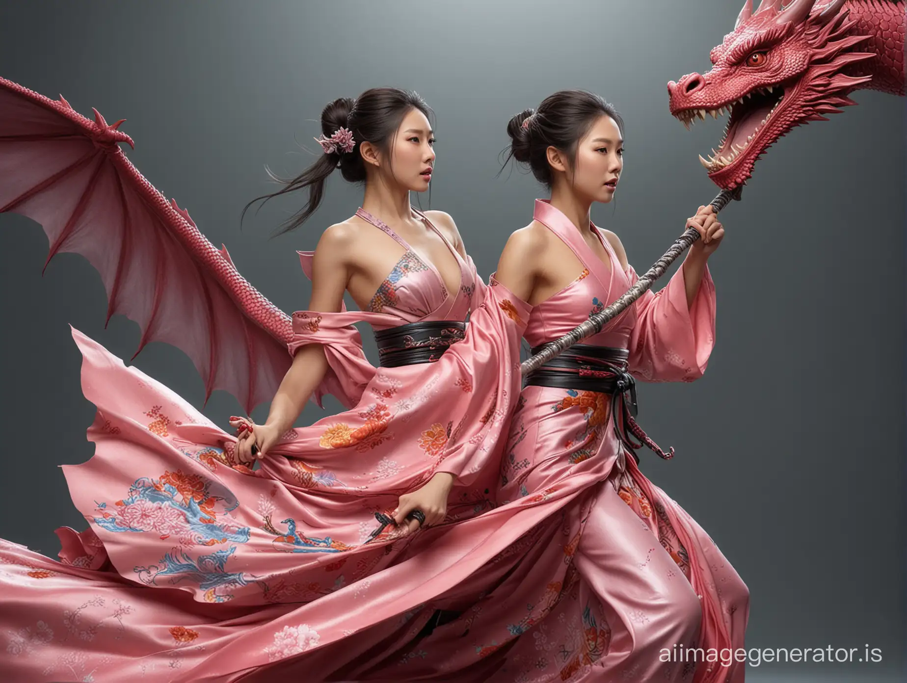 Ultrarealistic. Photorealistic. Japanese top model princess riding a flying dragon. Katanas in her hands. Her long dress is untied. She is topless. Vivid colors.