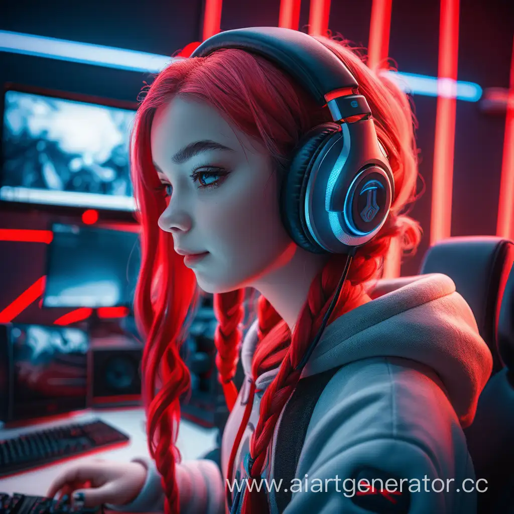 красивая девушка в игровых наушниках , крупным планом в интерьере крутого компьютерного клуба , интерьер в красно-серых цветах