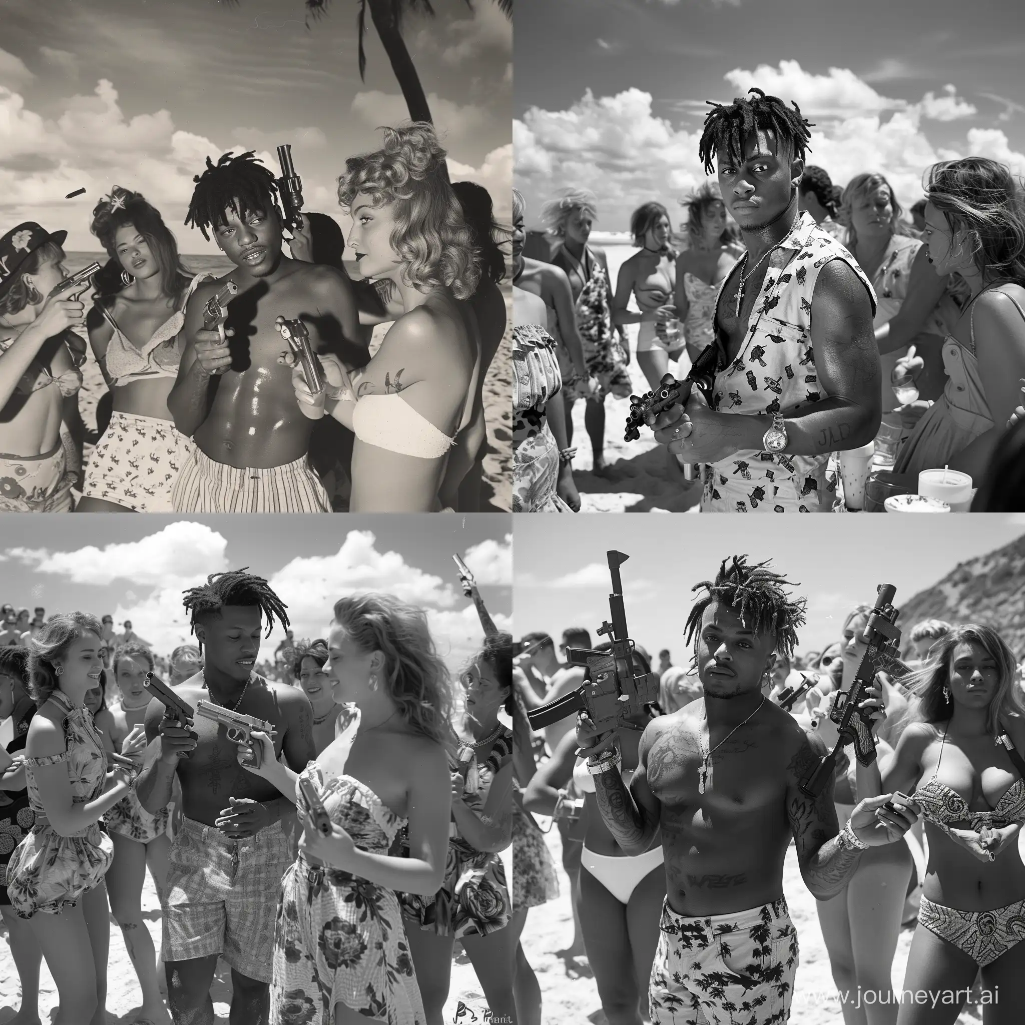 A 1950s Black and White Photograph,of Juice WRLD holding Guns,At the beach,With Women.