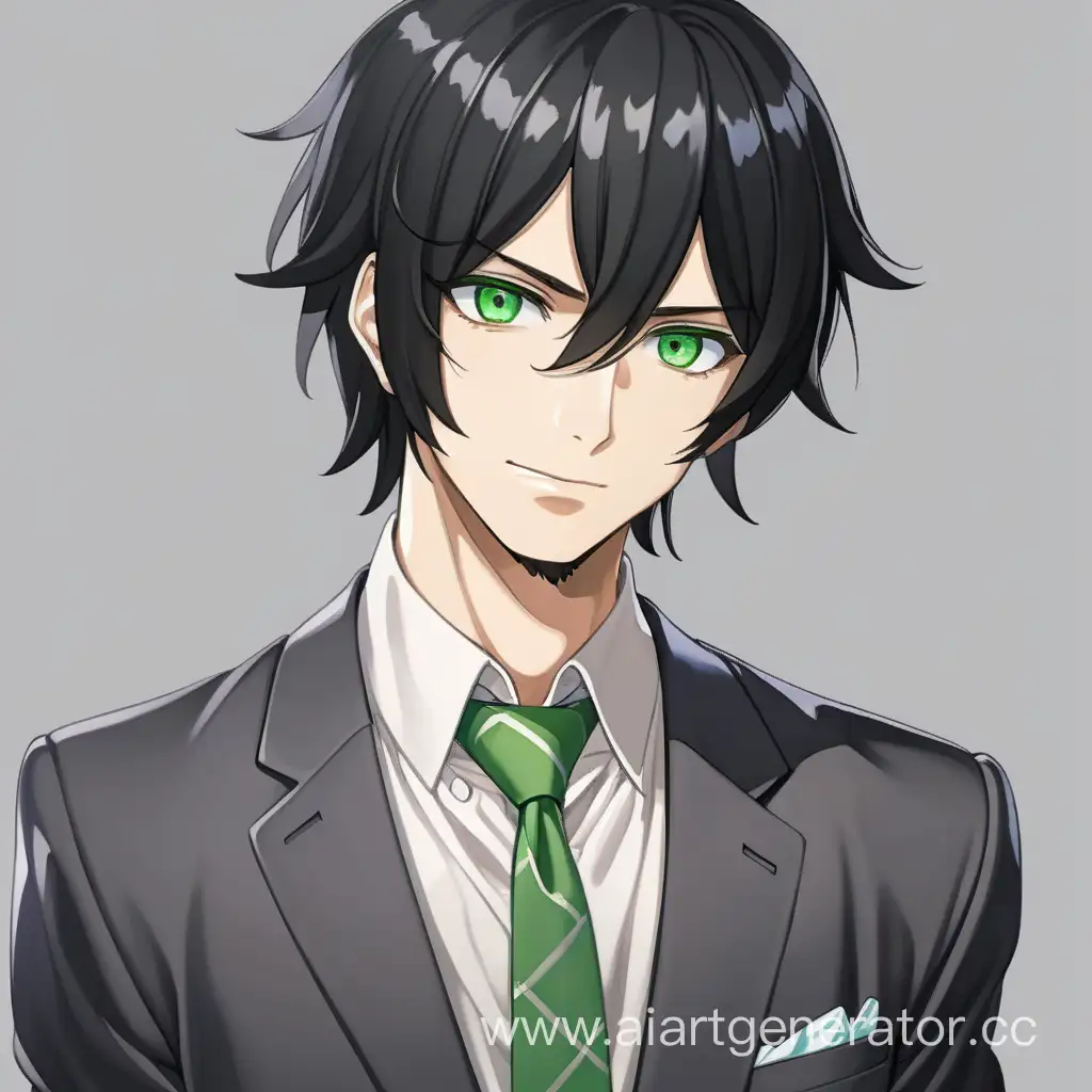 Молодой парень, черные волосы спадающие до плеч, яркие зеленые глаза, чуть усталый взгляд и легкая улыбка, одет в классический костюм, аниме