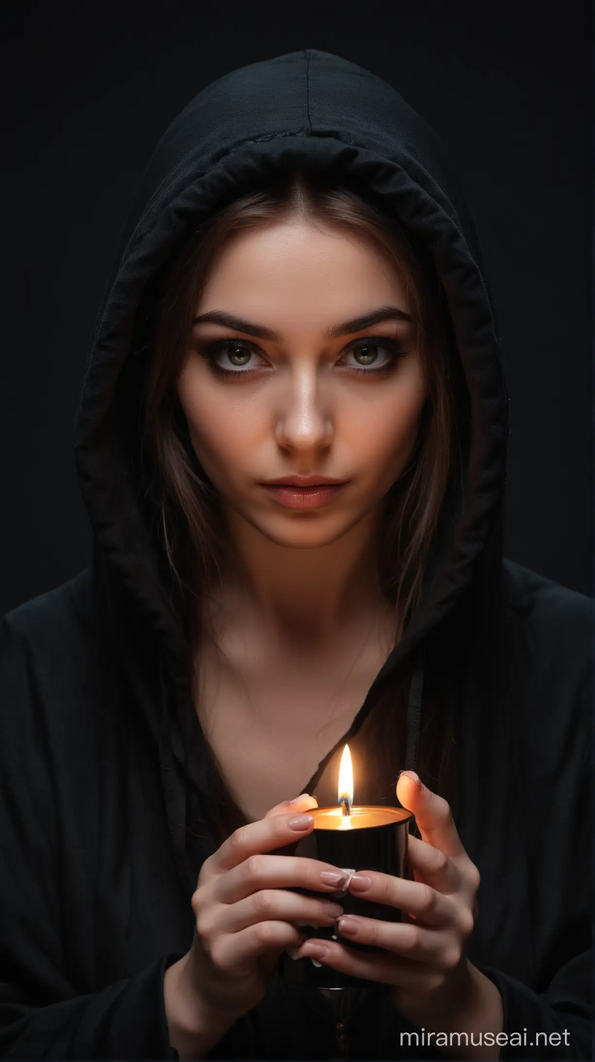 Очень красивая девушка в чёрном капюшоне, взгляд колдунья. На чёрном фоне, держит перед собой свечу