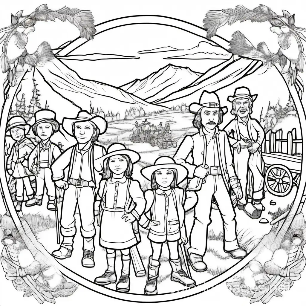 BC Gold Rush Circle of Courage, Coloring Page, black and white, line art, white background, Simplicity, Ample White Space. The background of the coloring page is plain white to make it easy for young children to color within the lines. The outlines of all the subjects are easy to distinguish, making it simple for kids to color without too much difficulty