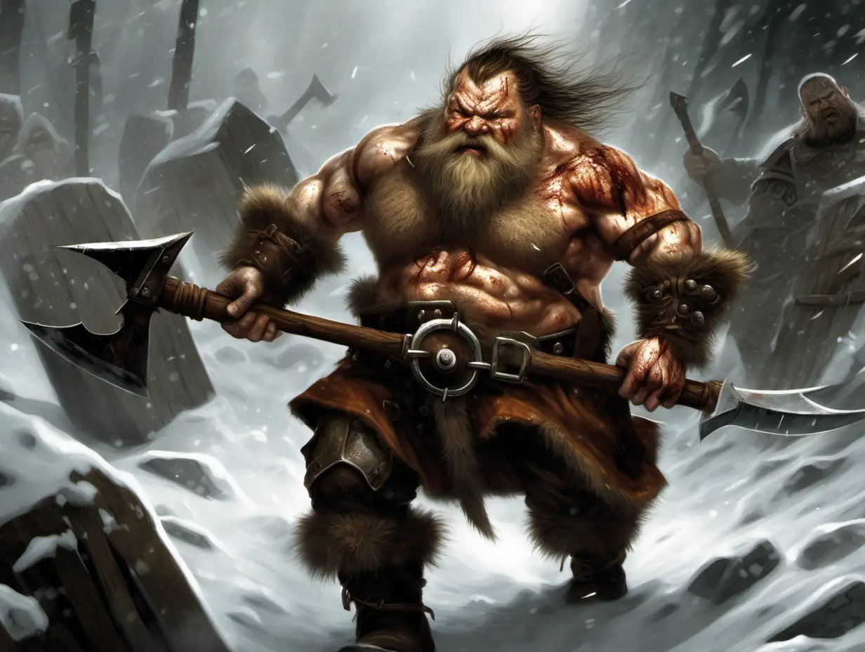 Fierce Dwarf Warrior with Battle Wounds Charging Into Fantasy Battle
