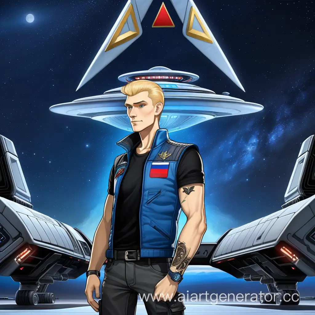 Высокий мужчина, блондин, татуировка в виде треугольника на плече, синяя жилетка, берцы, чёрная футболка, на фоне ангар космического корабля "Интерпрайс" , ночь. Флаг российской империи 
