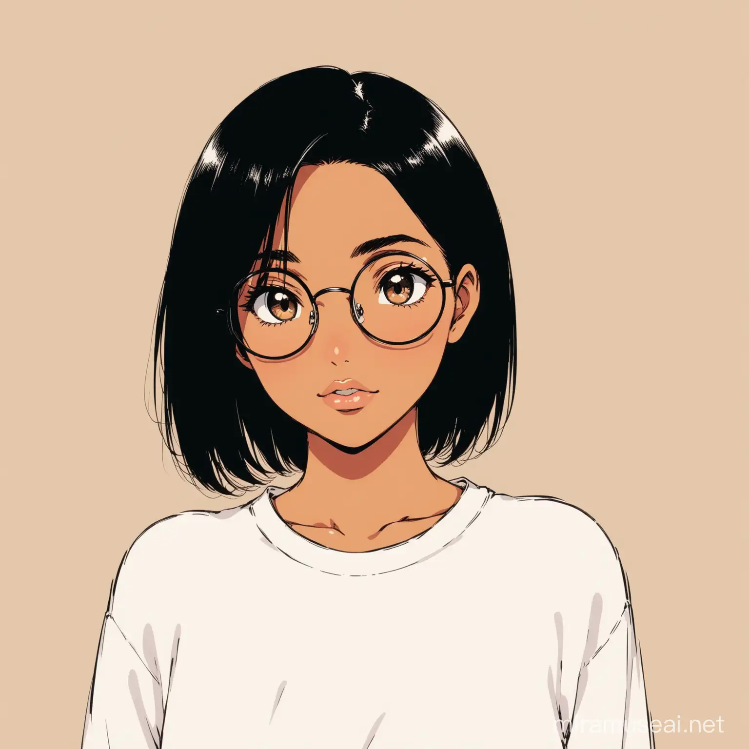 woman with tanned skin looking under her eyelashes, dark brown eyes wearing black round eyeglasses, shoulder length black hair parted in the middle, body facing straight forward with head tilted down to the left, large anime eyes, glossy nude colored full lips slightly smiling, wearing plain white shirt, anime style, minimalist bedroom background, retro 90s anime look