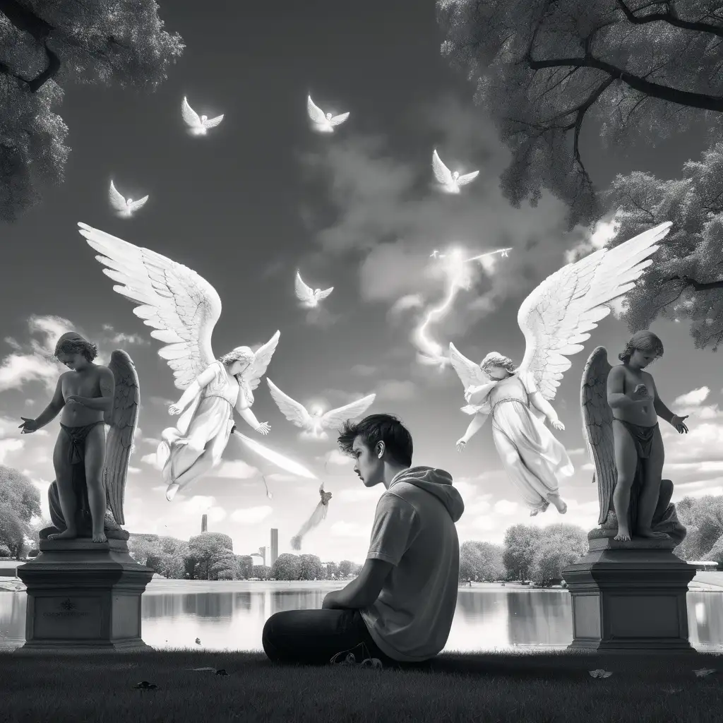 twenty five year old man contemplating life in a park while angels battle in the background