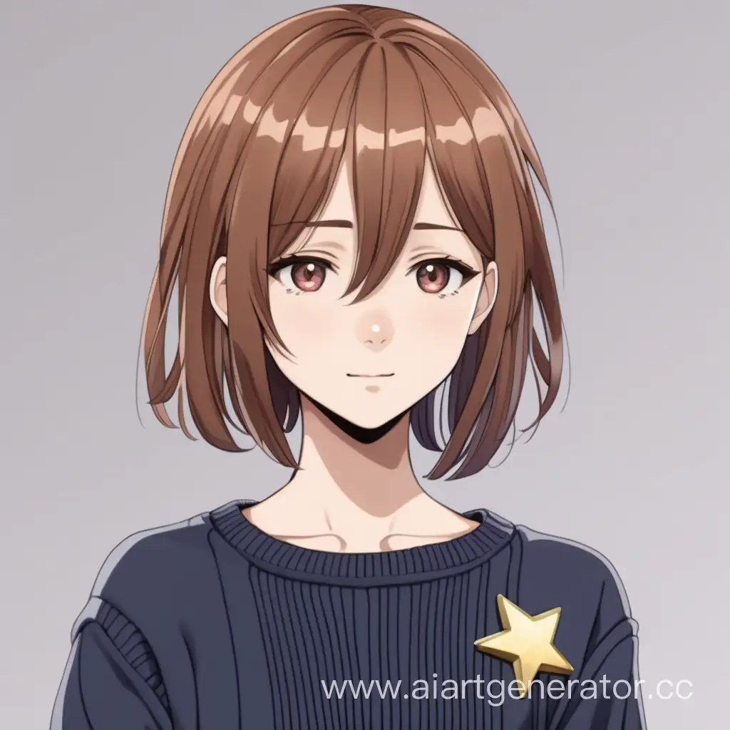 Девушка 26 лет в аниме стилистике, худощавое телосложение, каштановые волосы неаккуратно подстрижены по плечи. Поношенный свитер с брошью в виде маленькой звезды. 
