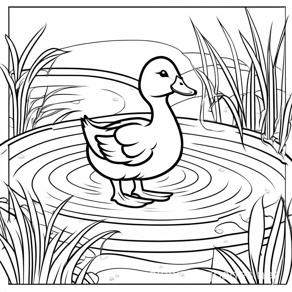 DUCK IN A POND
, Coloring Page, black and white, line art, white background, Simplicity, Ample White Space. The background of the coloring page is plain white to make it easy for young children to color within the lines. The outlines of all the subjects are easy to distinguish, making it simple for kids to color without too much difficulty