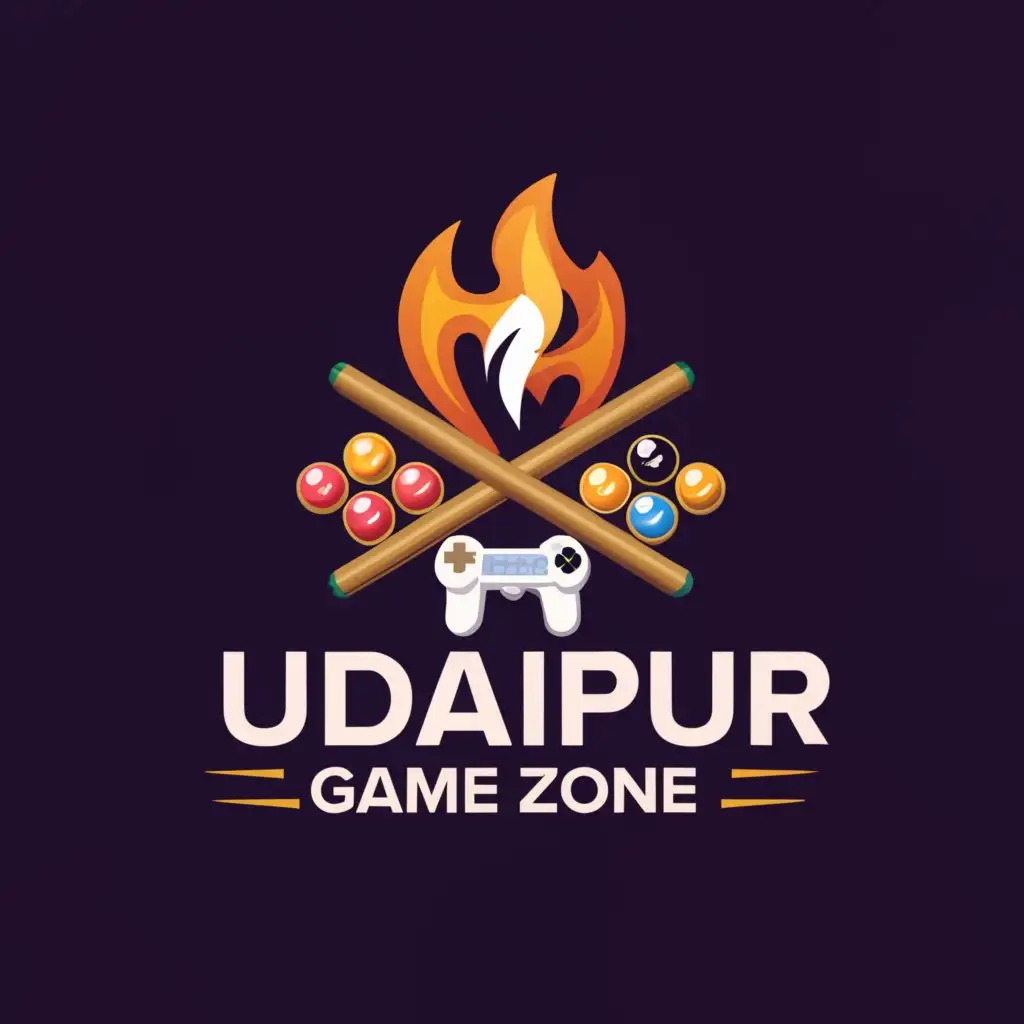 a logo design, with the text "Udaipur Game Zone", main symbol: snooker cue sticks, fireball, game console, Moderate, be used in Events industry, clear background