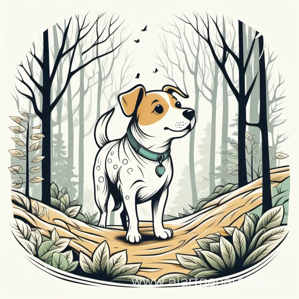 Dog exploring a serene woodland, illustrated in a whimsical style, evoking a playful mood, natural lighting. T-shirt design graphic, vector, contour, white background.