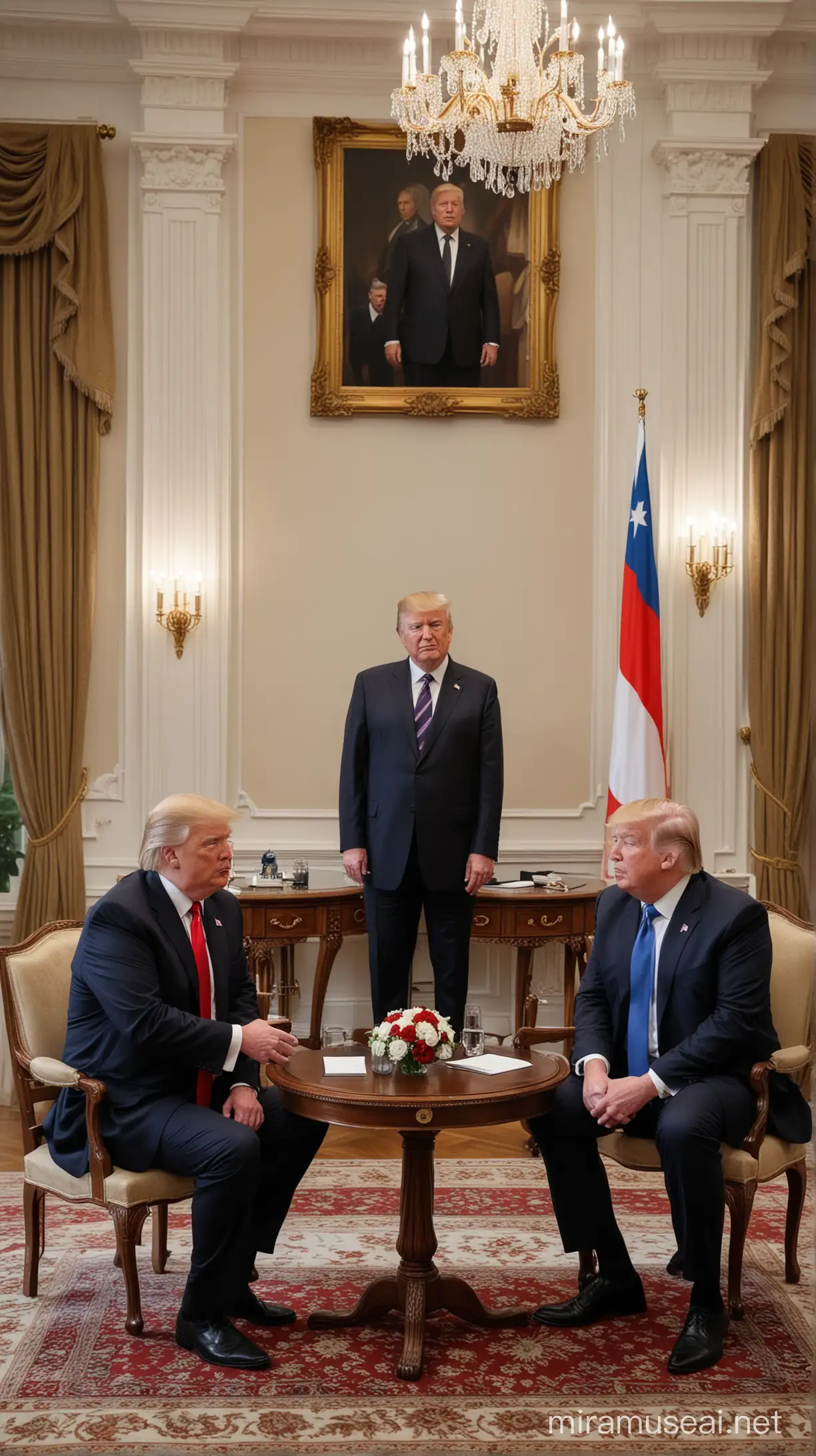 In this detailed and dignified scene, former President Donald Trump is depicted engaging in a diplomatic meeting with President Aleksandar Vučić of Serbia. The setting is a formal and elegant environment, reflecting the importance of international relations and diplomacy. Make Aleksandra realistic 
