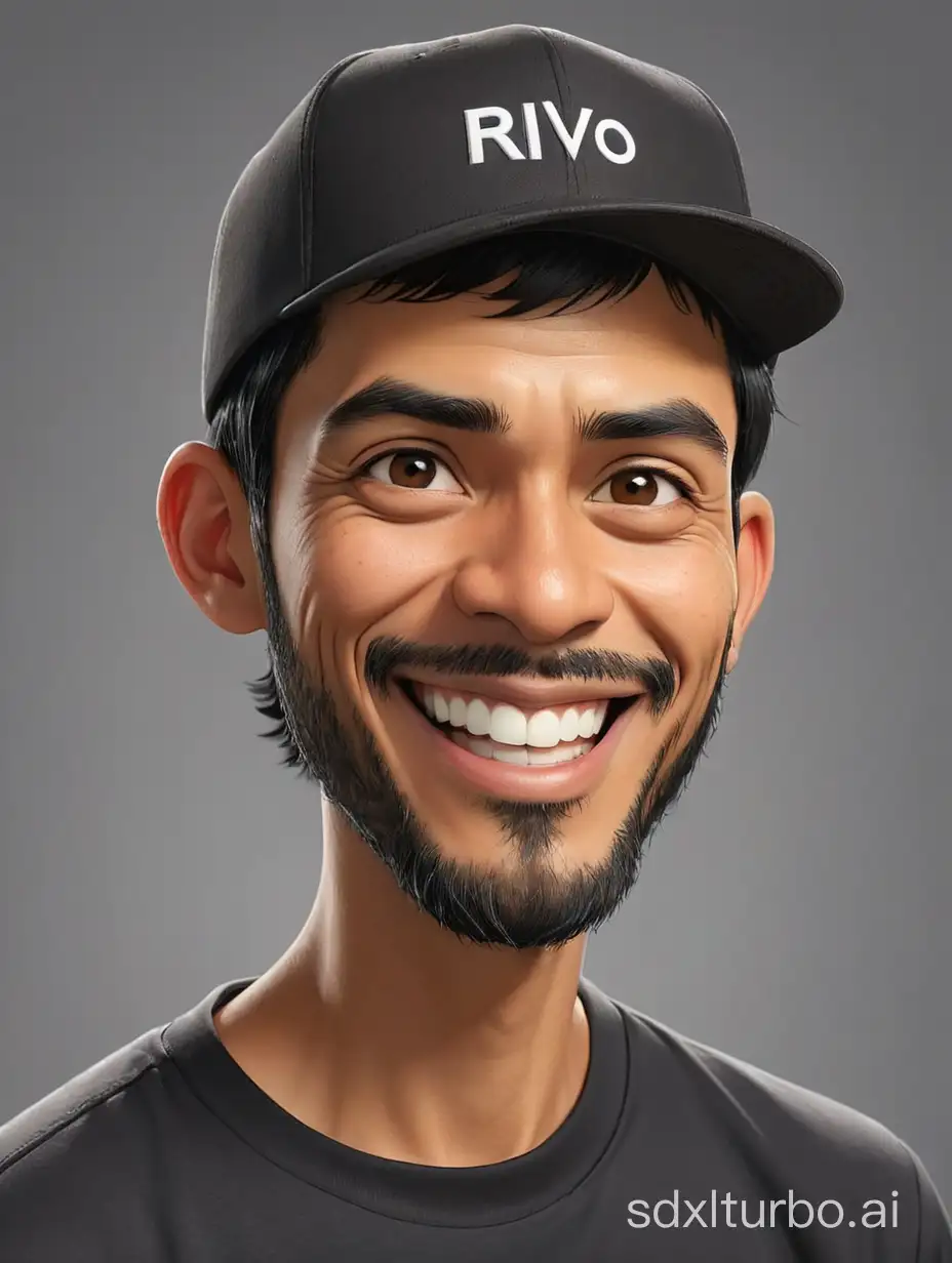 Caricature of an Indonesian man with a thin beard, short black hair, wearing a snapback hat, wearing a black t-shirt with text "RIVO". Smiling, Gray background