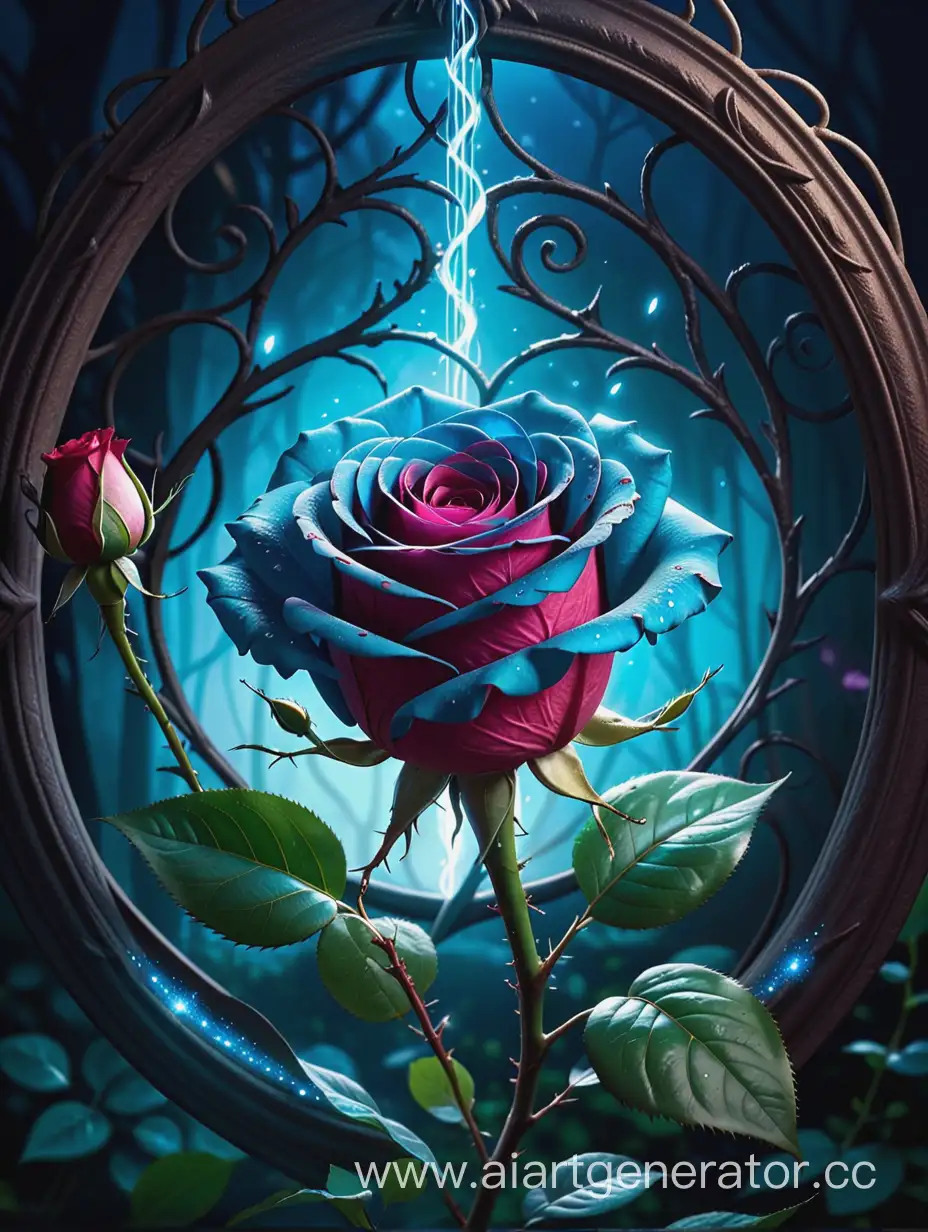 Обложка для амазон, увядшие розы с шипами по краю обложки, большая магическая роза в центре обложки, магия, синее сияние, ночь, тропа между розами