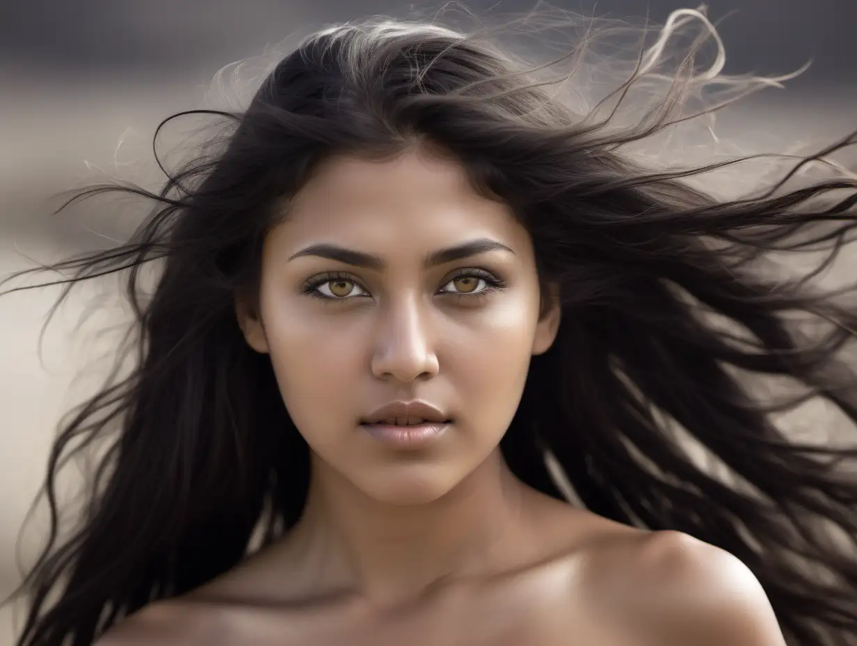 ROSTRO DE MUJER TOLTECA HERMOSA, MIRADA SENSUAL Y COQUETA, OJOS CLAROS, CABELLO VOLANDO POR EL VIENTO, COMPLETAMENTE DESNUDA