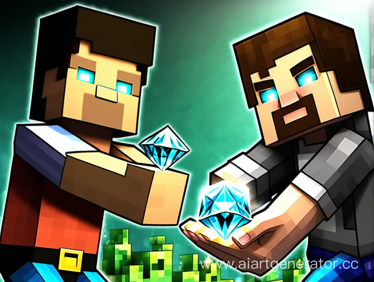 create a preview of the minecraft channel for me, make it so that two Steves hold diamonds in their hands and look at them with admiration. Only two steves