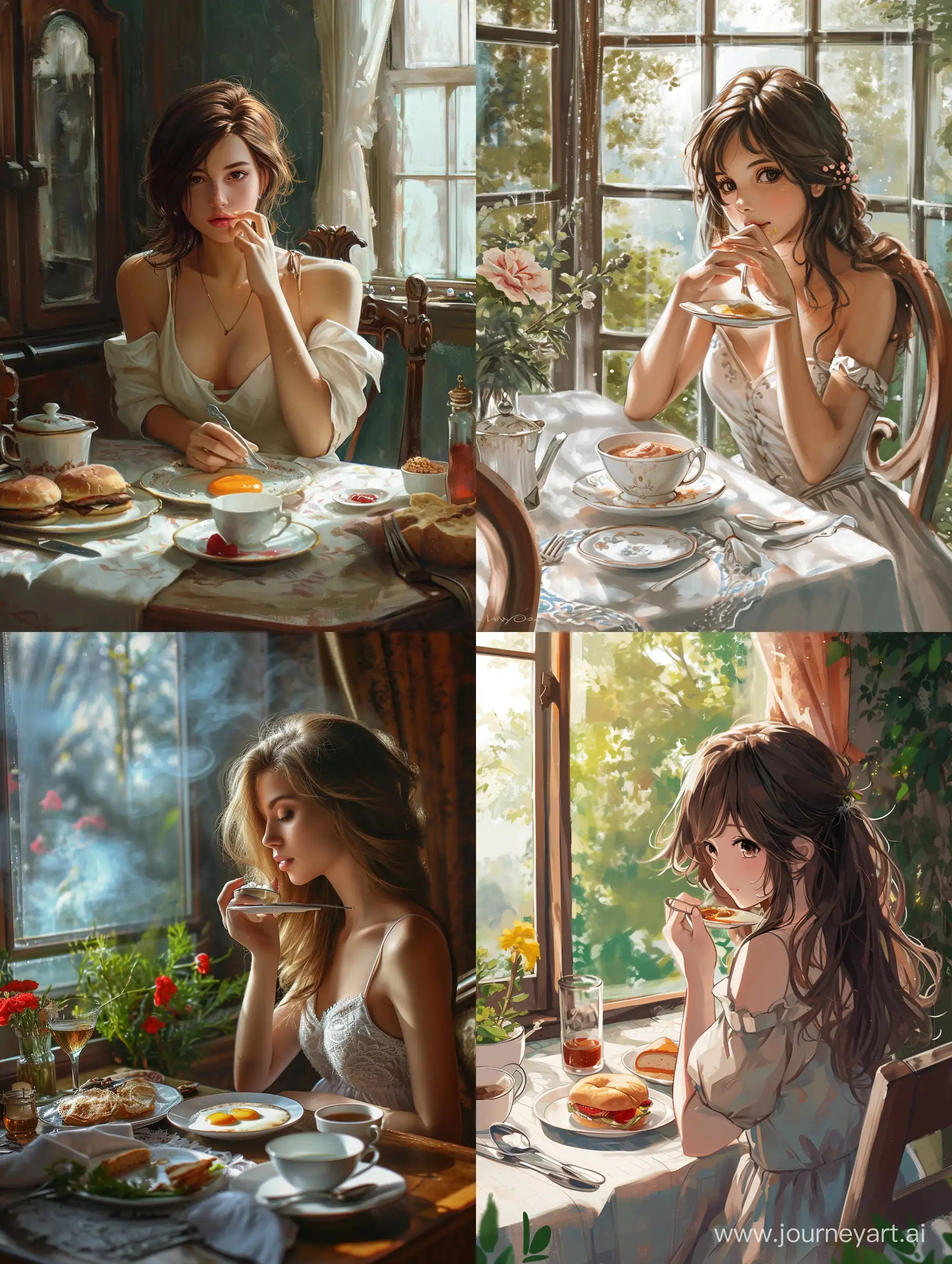 Девушка красивая европейка завтракает за столом