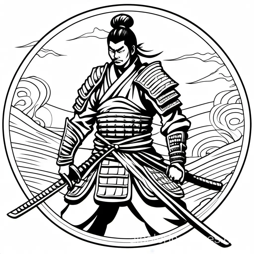 samurai coloring pages designs, Coloring Page, black and white, line art, white background, Simplicity, Ample White Space. The background of the coloring page is plain white to make it easy for young children to color within the lines. The outlines of all the subjects are easy to distinguish, making it simple for kids to color without too much difficulty