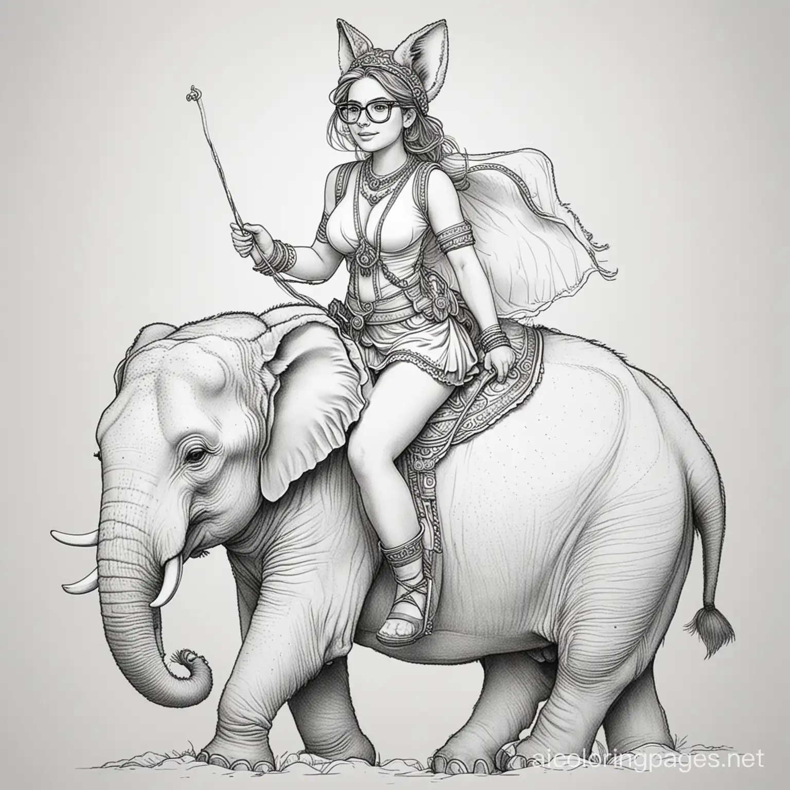 large breasted woman with fox ears and glasses riding an elephant

, Coloring Page, black and white, line art, white background, Simplicity, Ample White Space. The background of the coloring page is plain white to make it easy for young children to color within the lines. The outlines of all the subjects are easy to distinguish, making it simple for kids to color without too much difficulty