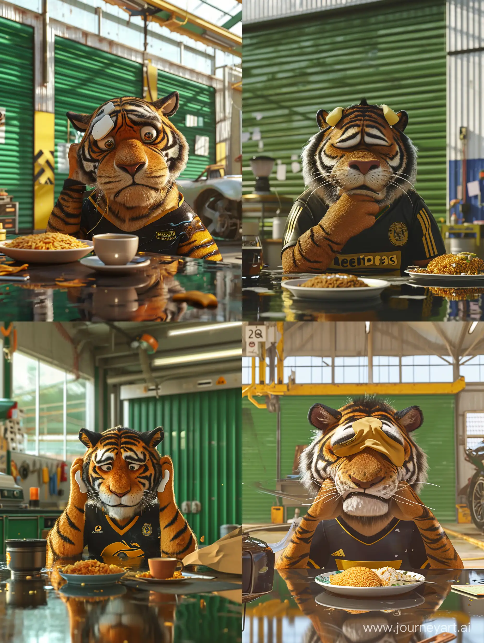 ultra realistic animation cartoon, a tiger is having breakfast. his head was plastered with a headache plaster. there is nasi lemak and coffee on the table. The tiger raised its chin with a sad face. The tiger wears a black and yellow Malaysian football jersey. the background of a closed pastle green, white and gold modern car workshop. there is refraction of morning sunlight. canon eos-id x mark iii dslr --v 6.0
