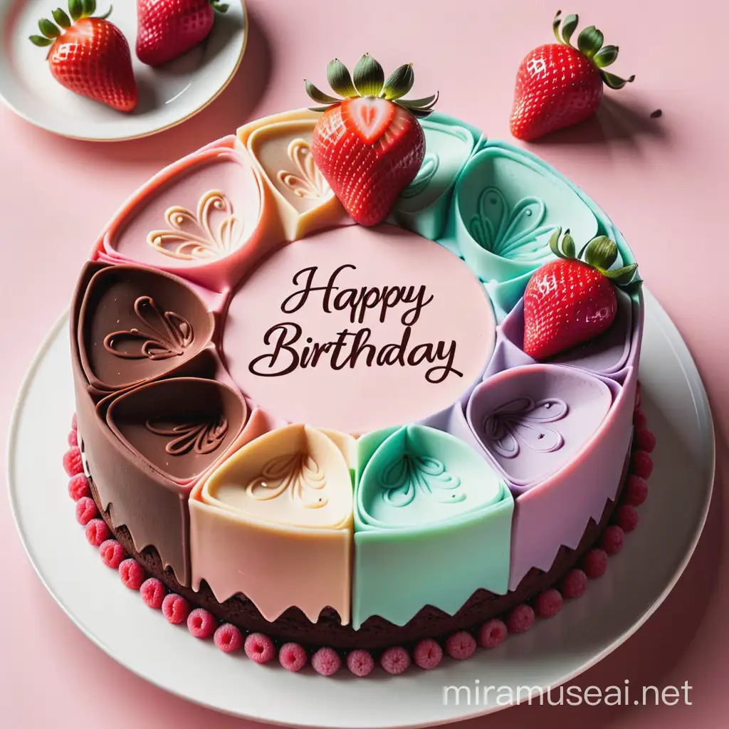fractal-shaped chocolate and strawberry cake in pastel colors, with the inscription happy birthday on top
