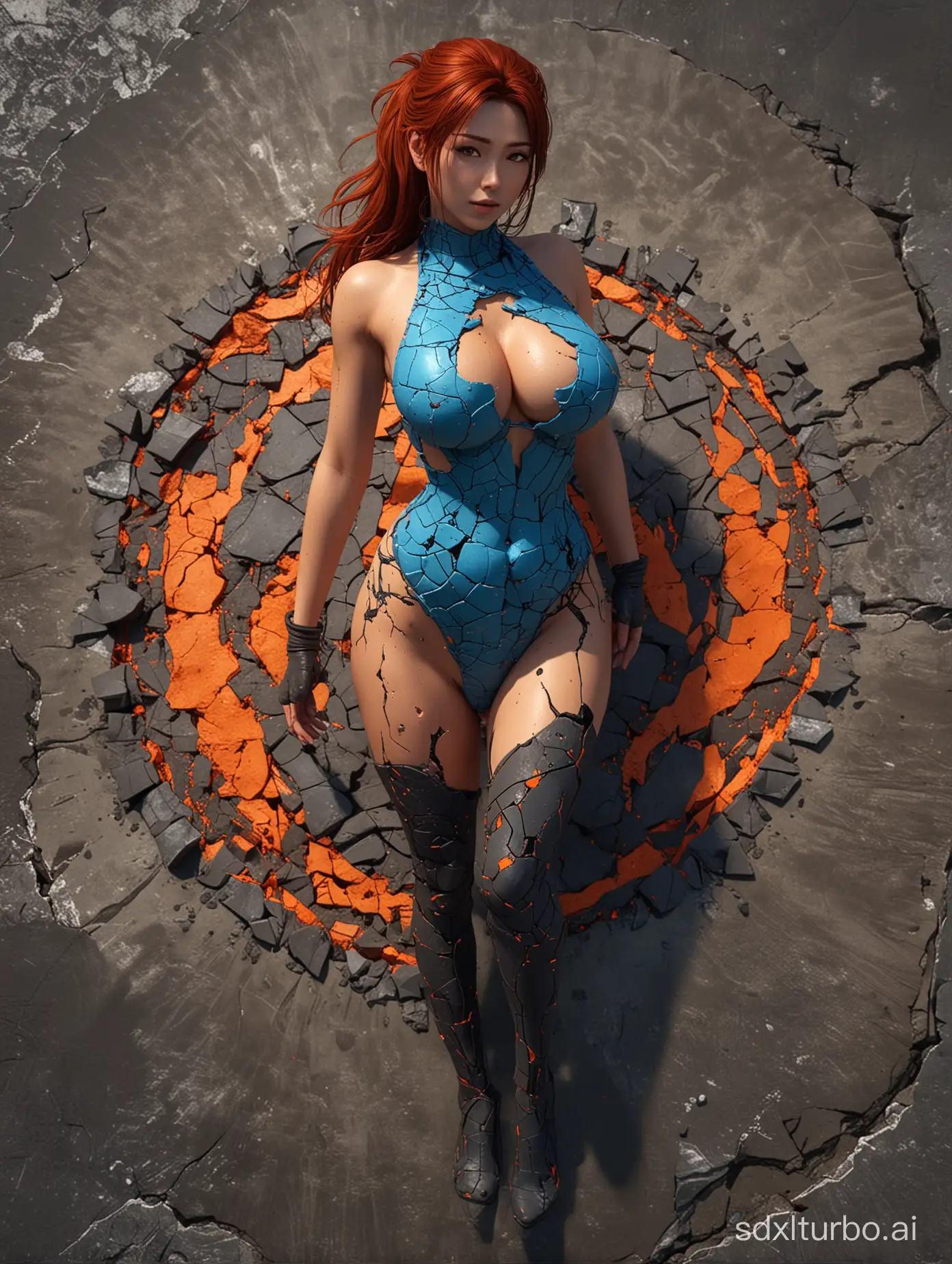 Fukada Kyoko，((full body, huge round ass)),tank top, huge breast, a photo of a woman on a cracked surface, inspired by Alberto Seveso, featured on zbrush central, orange fire/blue ice duality!, portrait of an android, fractal human silhouette, red realistic 3 d render, blue and orange, subject made of cracked clay, woman, made of lava