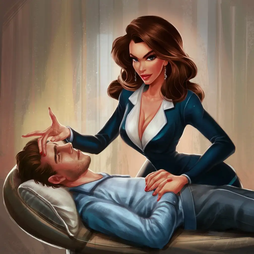 Beautiful busty brunette woman therapist sitting hypnotizes male patient lying on lounge. 