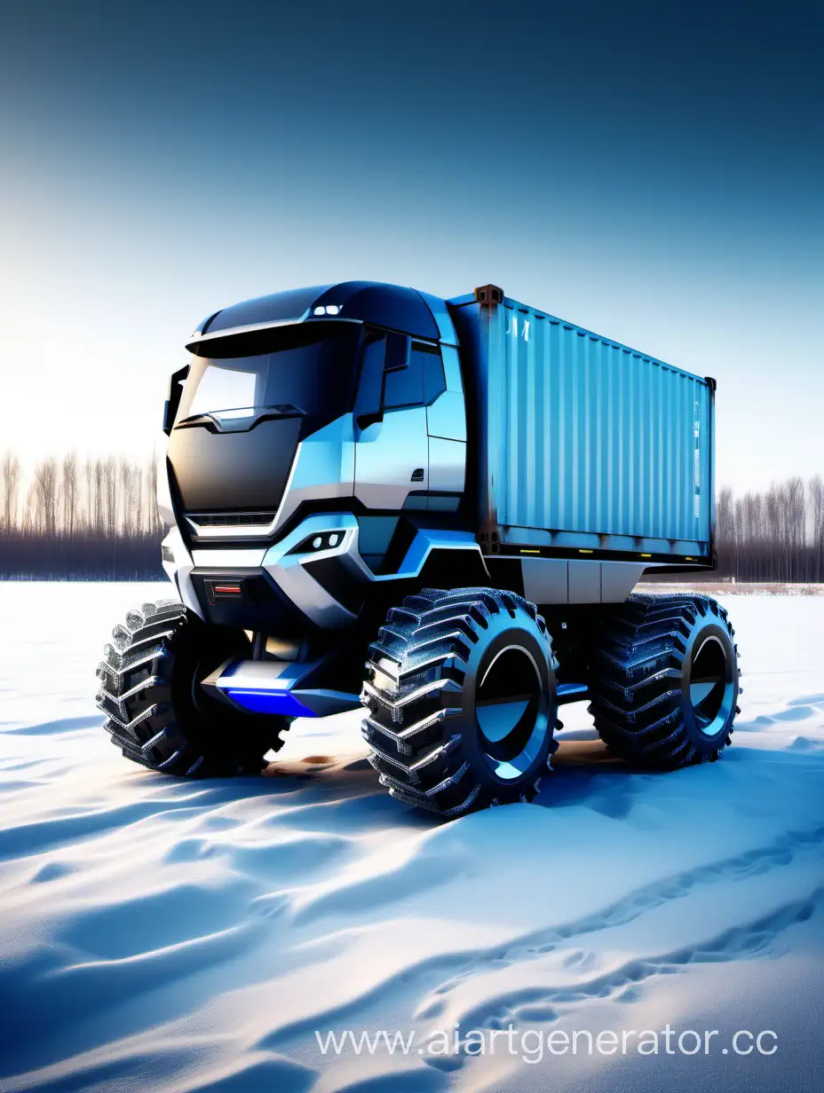 Futuristic-OffRoad-Vehicle-Amidst-Winter-Landscape-with-Shimmering-Container