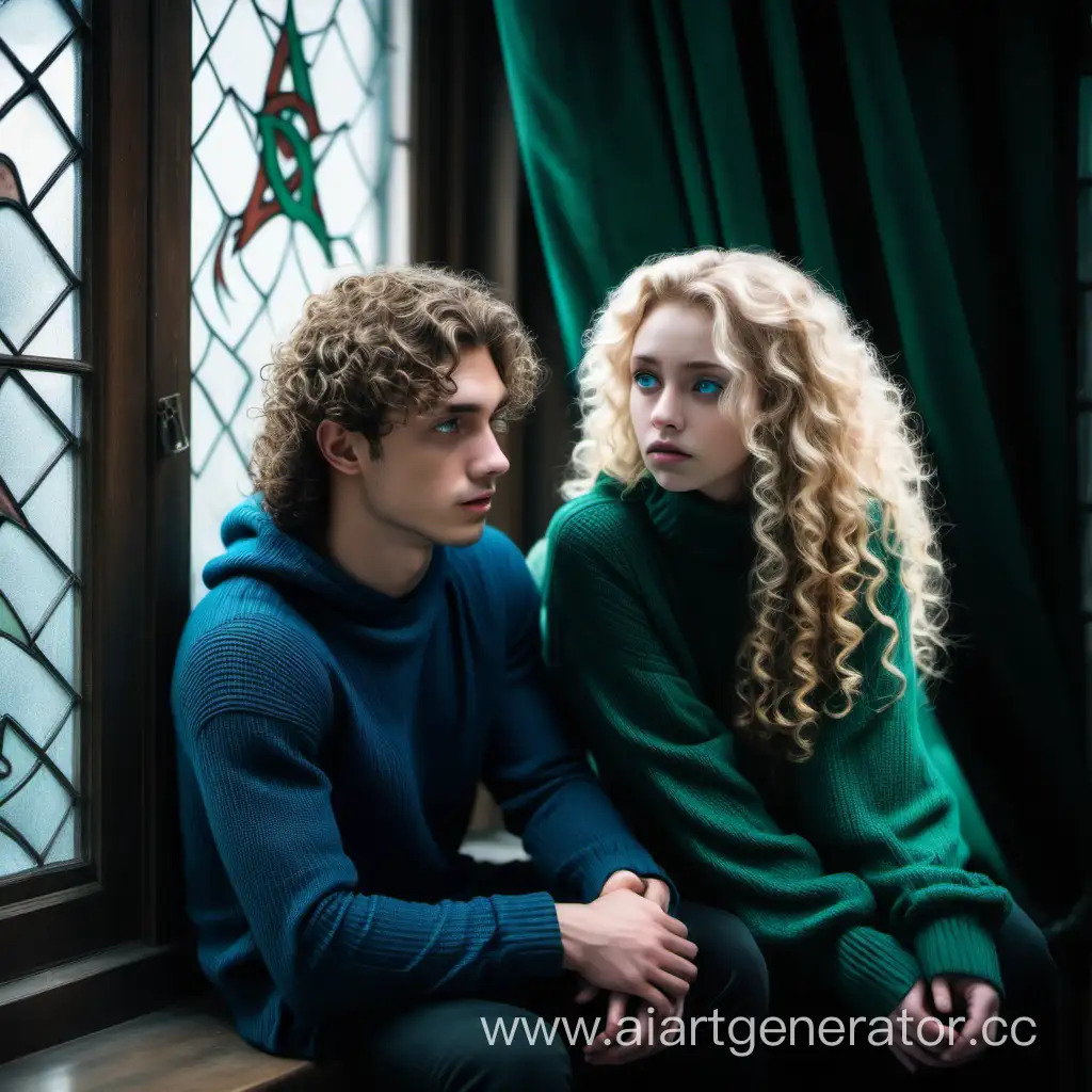 a beautiful attractive young girl with blue eyes with blond curly hair sits sad on the windowsill in the Slytherin room, next to her is hugged by a young handsome attractive hot guy with light curls of dark hair, in full length, in a sweater