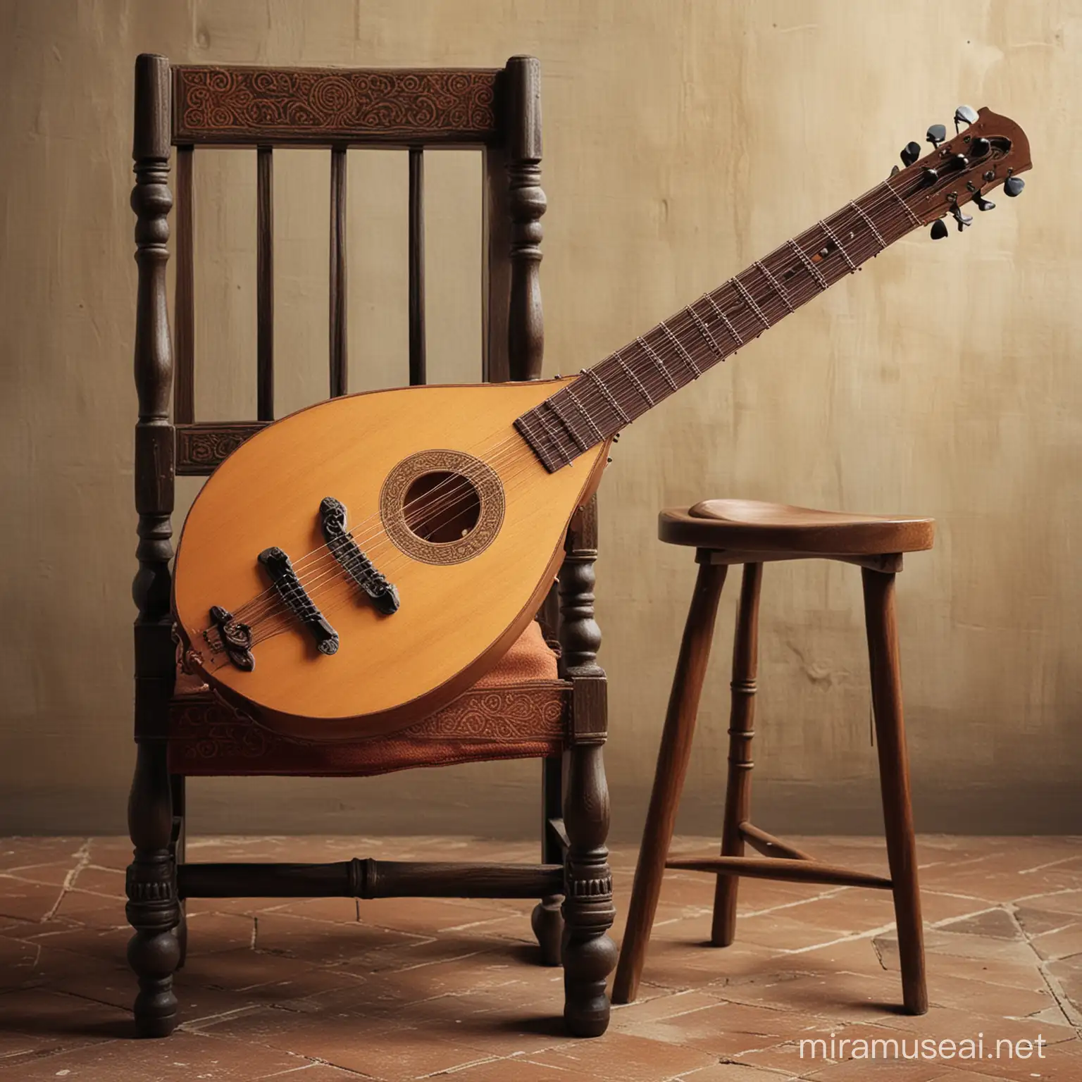 Medieval Lute on Vintage Chair with Intricate Carvings