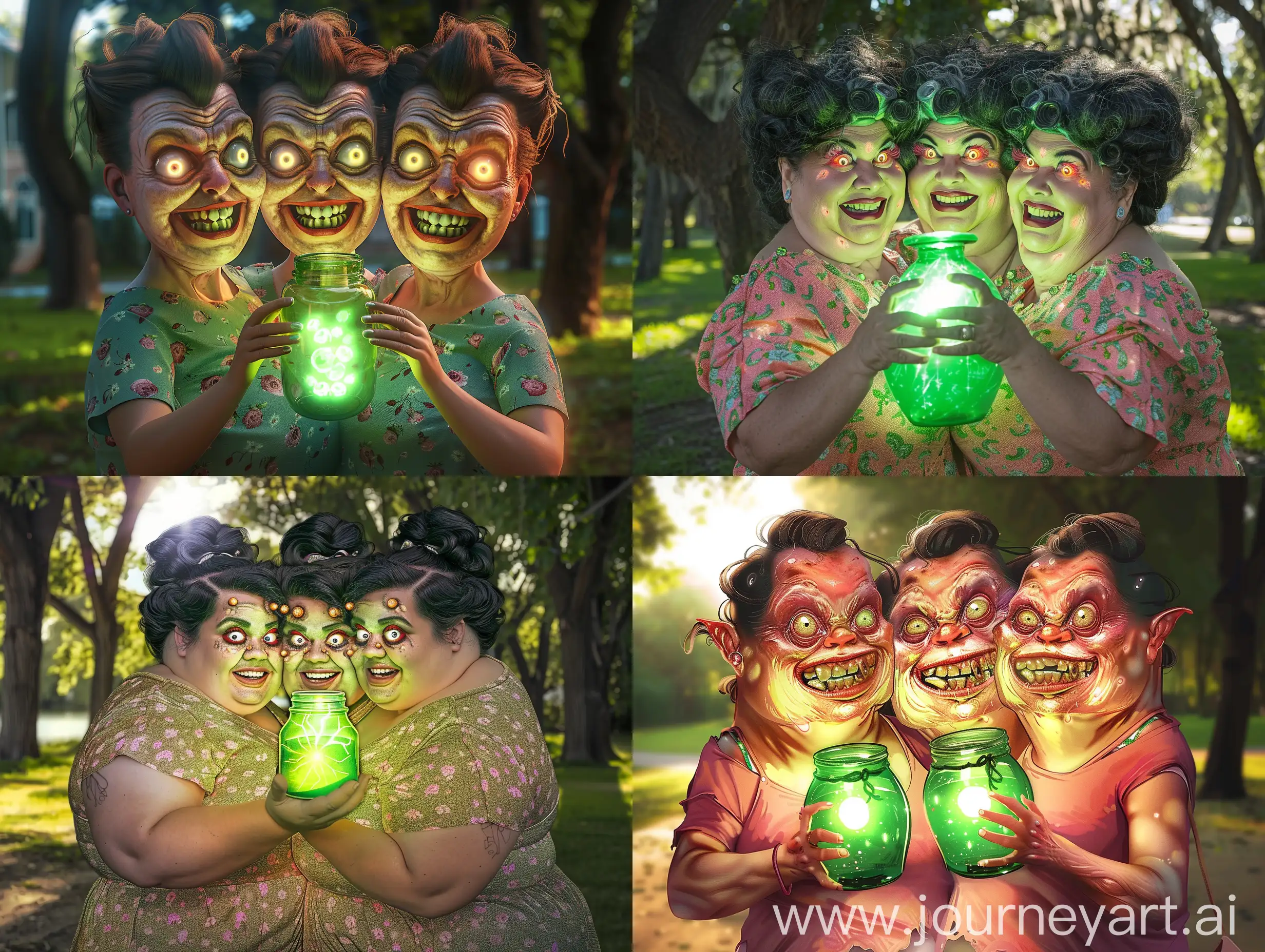 4-headed pretty plus size conjoined woman with six eyes smiling and looking at each other while holding green glowing jar, 4 heads attached to one body, stuck together, multiple heads, conjoined, park background, smiling,