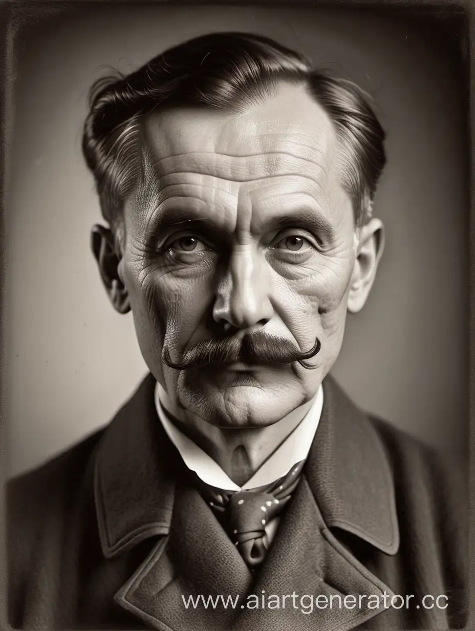 Портрет старинного русского писателя в стиле чёрно-белой фотографии в старинном наряде с небольшими усами с потертостями на самой картинке