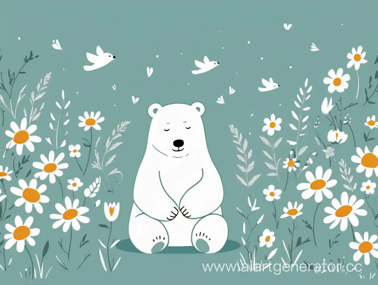 Белый милый мишка наслаждается жизнью на природе. Вокруг цветочки мудрости. Минималистический стиль.