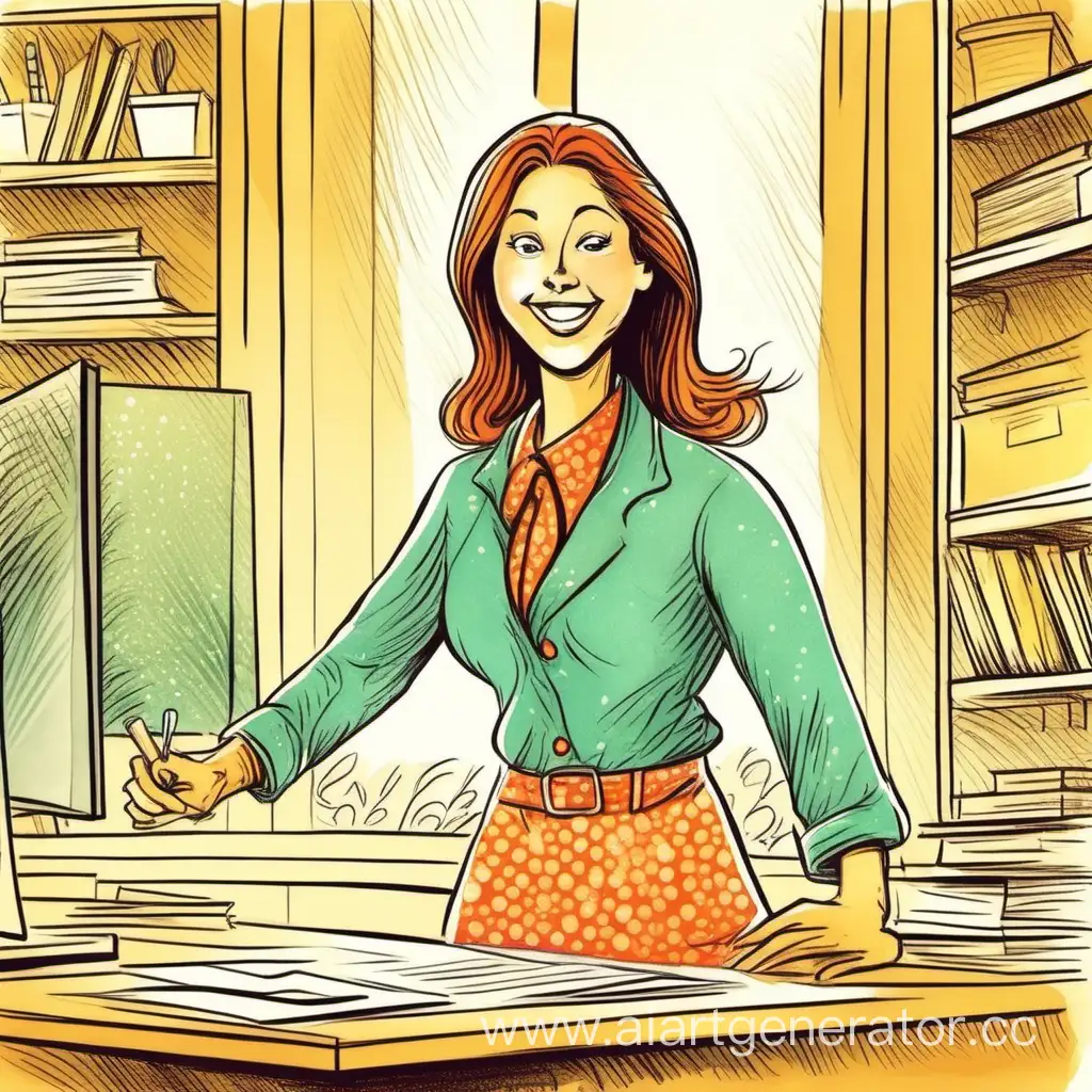 Cheerful-Woman-Arriving-at-Work-Illustration-for-Children