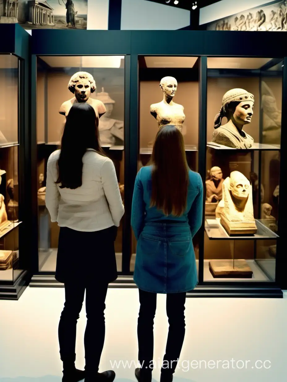 две молодые женщины стоят в историческом музее напротив витрины и отвернувшись смотрят на  древние музейные экспонаты, hd, детализация
