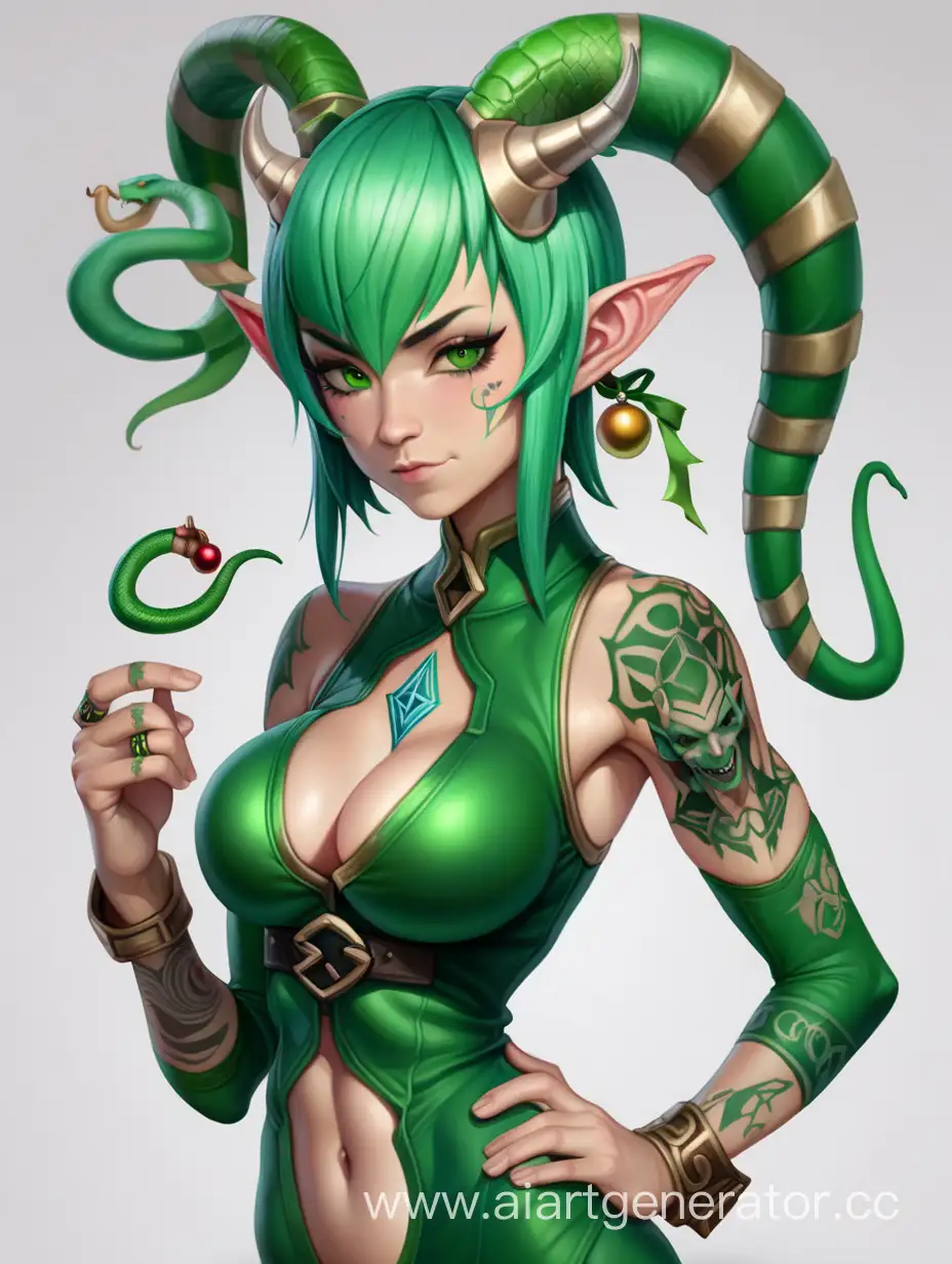 Demon, snake humanoid, athletic body, green skin, short green hair with mohawk, green christmas elf hat, green christmas elf suit, rune tattoo, horns, asian female character