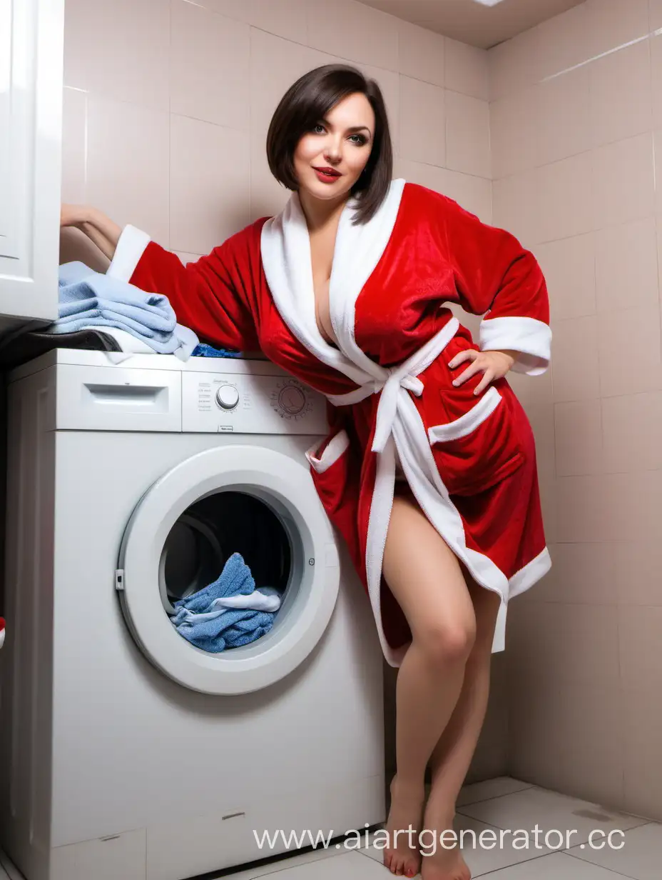 грудастая чуть полная брюнетка с прической каре в красно-белом новогоднем халате в русской ванной комнате, закидывает грязное белье в стирку, красный лифчик