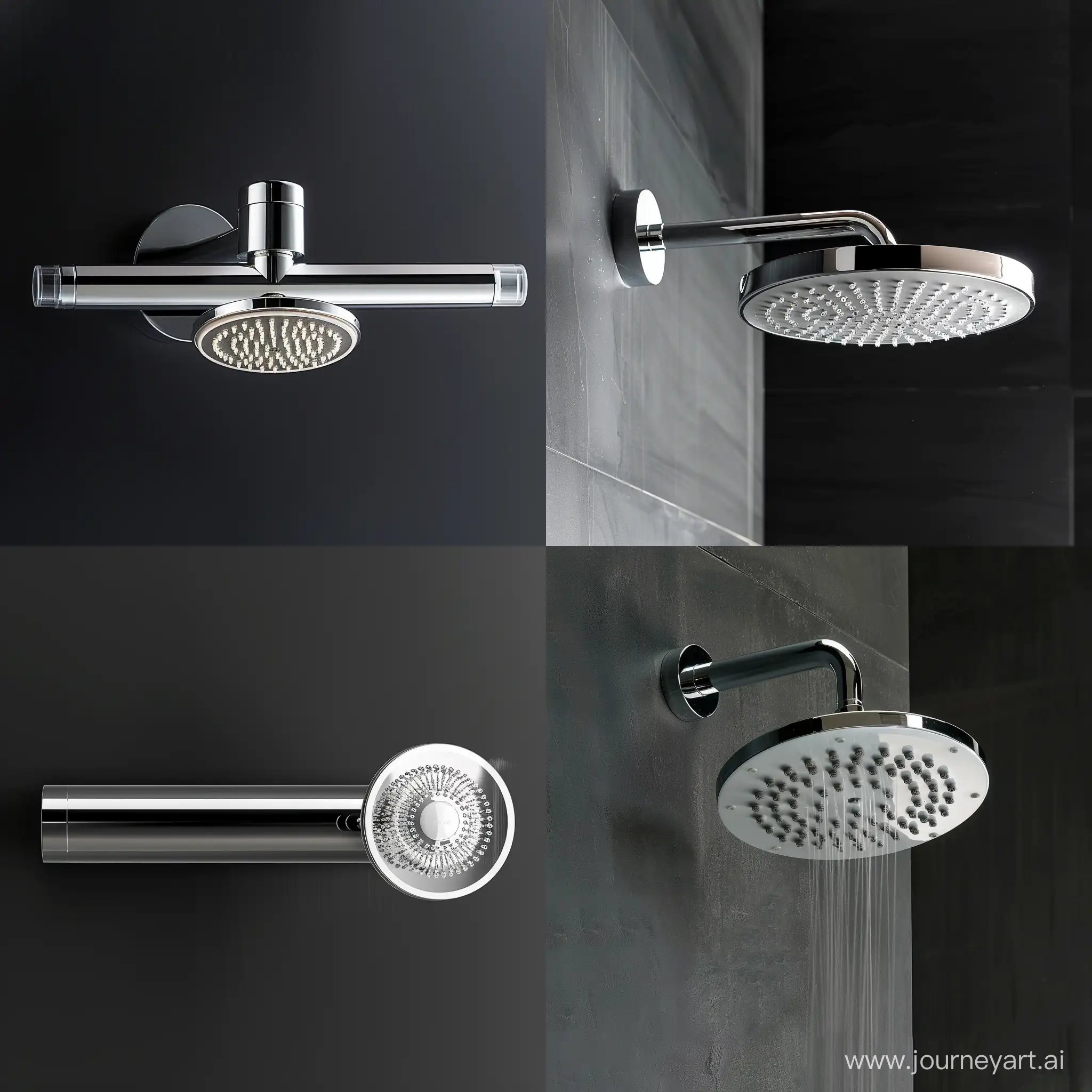 "Picture an eco-friendly showerhead, cylindrical in shape with a wide face, crafted from chrome-finished recycled metals and silicone nozzles. It's 25 cm in length with a shower face diameter of 10 cm, featuring a chrome body and transparent silicone parts. The design is modern and intuitive, with no lighting to maintain visual simplicity, emphasizing water conservation in a sleek, contemporary bathroom setting."realistic style