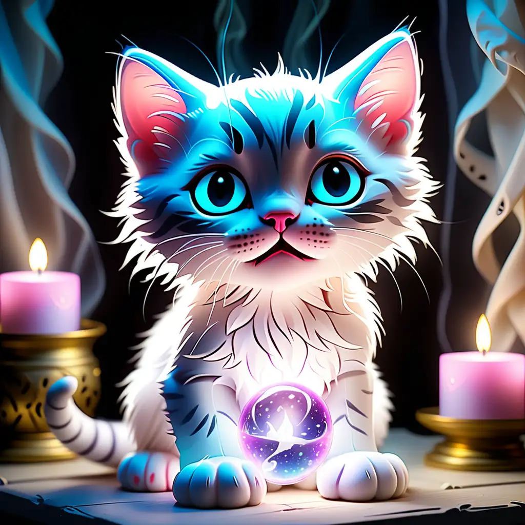 Enchanting Mystical Kitten Illuminates Serene Night