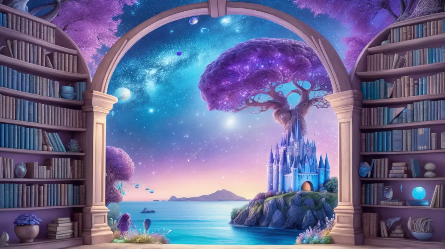 bookshelf portal showing a fairytale-magical grape trees -glowing-bright blue, pastel purple-sky blue with a castle that shows outer space astroids and mushroom garden and a bright ocean