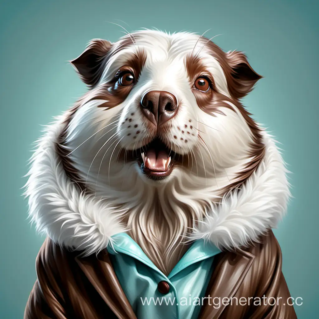 Реалистичный портрет типовой собаки породы  "Бивер".  Шерсть белого цвета с шоколадным. Не использовать одежду.  Использовать стиль цифровой живописи в бежевых, серых и нежно-бирюзовых тонах. 