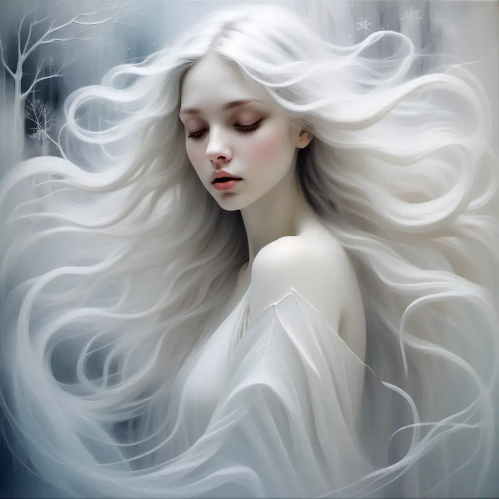 Arty painting ethereal spirit soft winter girl paint soft pastel and white colours flowing soft 