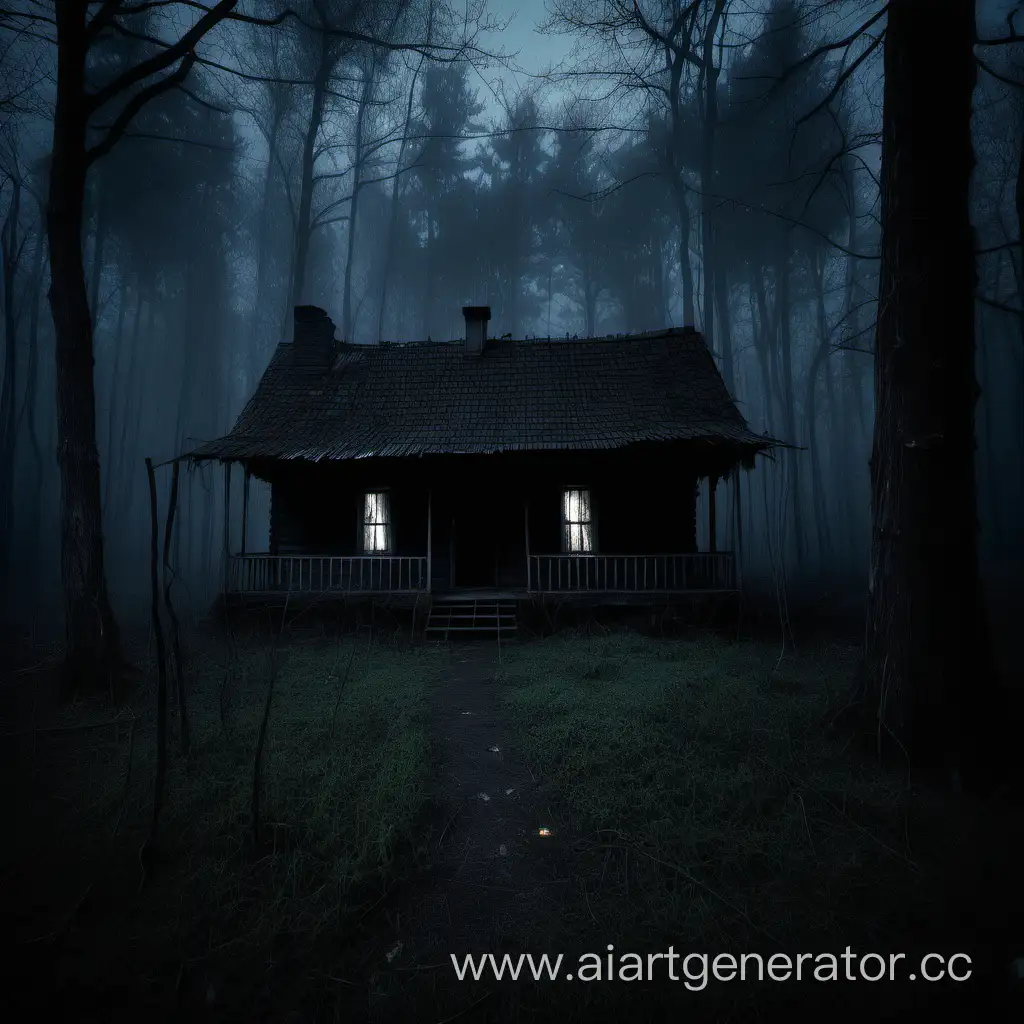 night, dark misty old forest, darkness, old wooden one-story forest ranger's house, darkness.