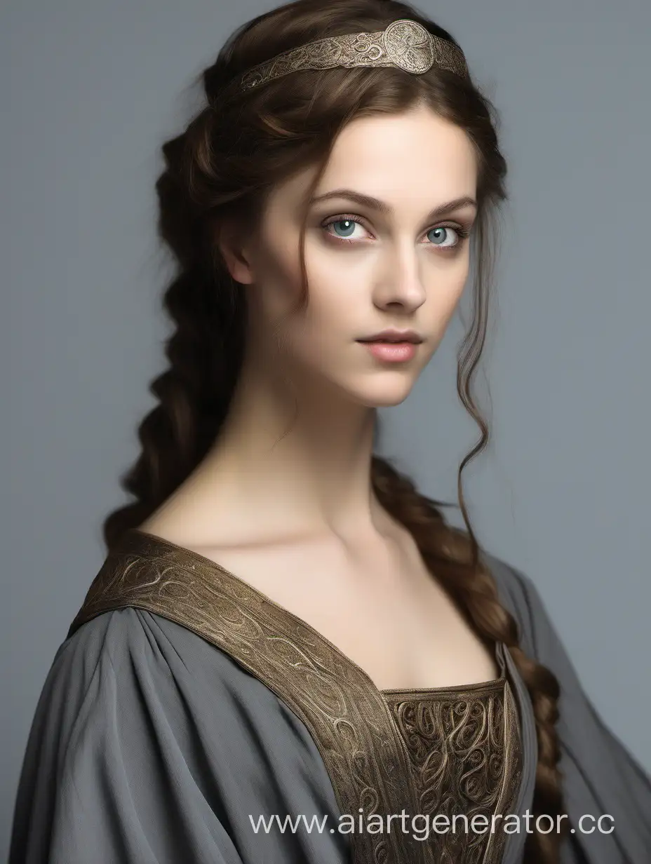Beautiful girl, delicate facial features, brown hair, gray eyes, dressed in a 12th century dress