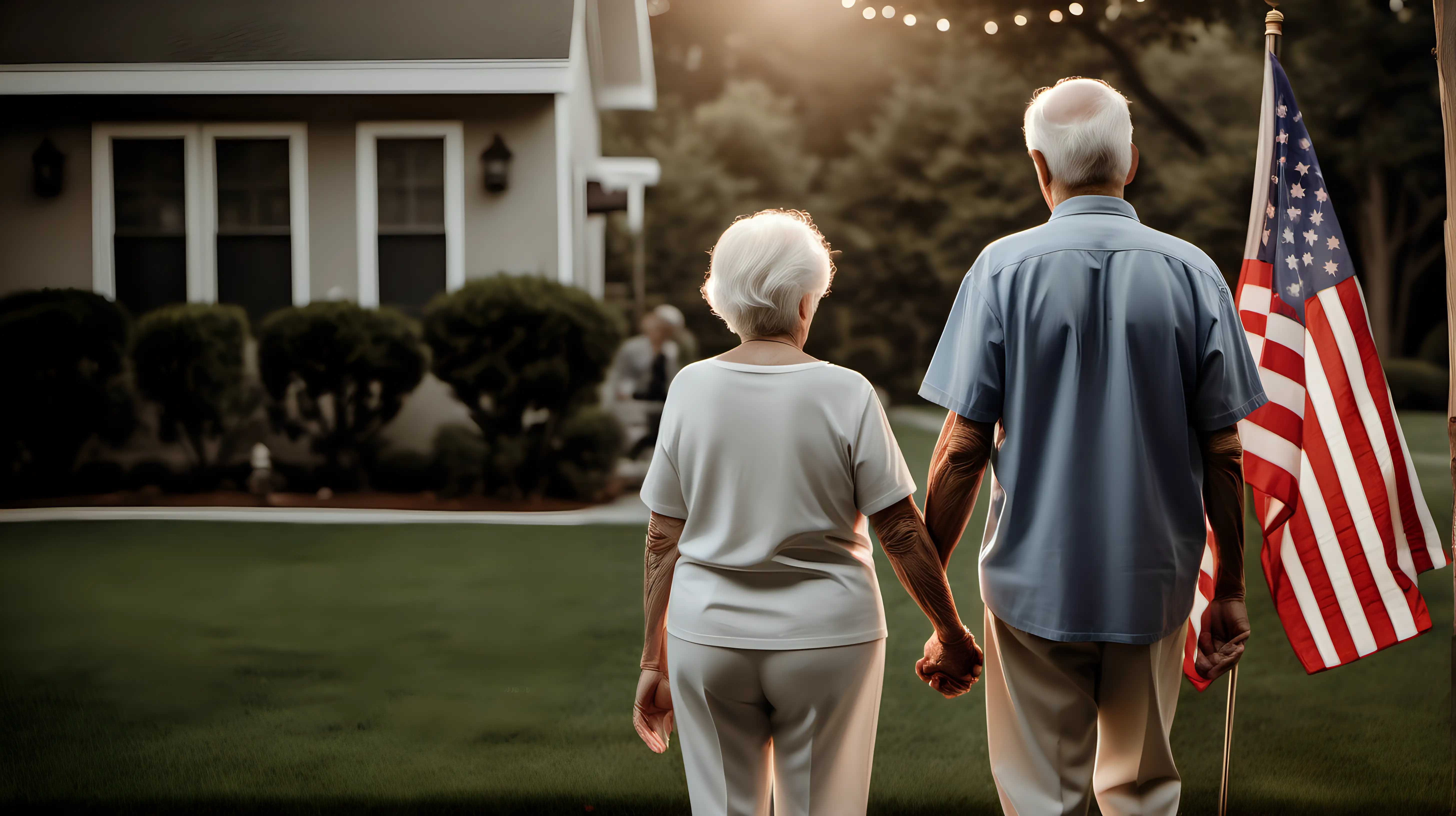 An elderly couple holding hands and gazing at the American flag flying in their yard, reminiscing about their years of dedication to their country and feeling a deep sense of pride in its achievements.

