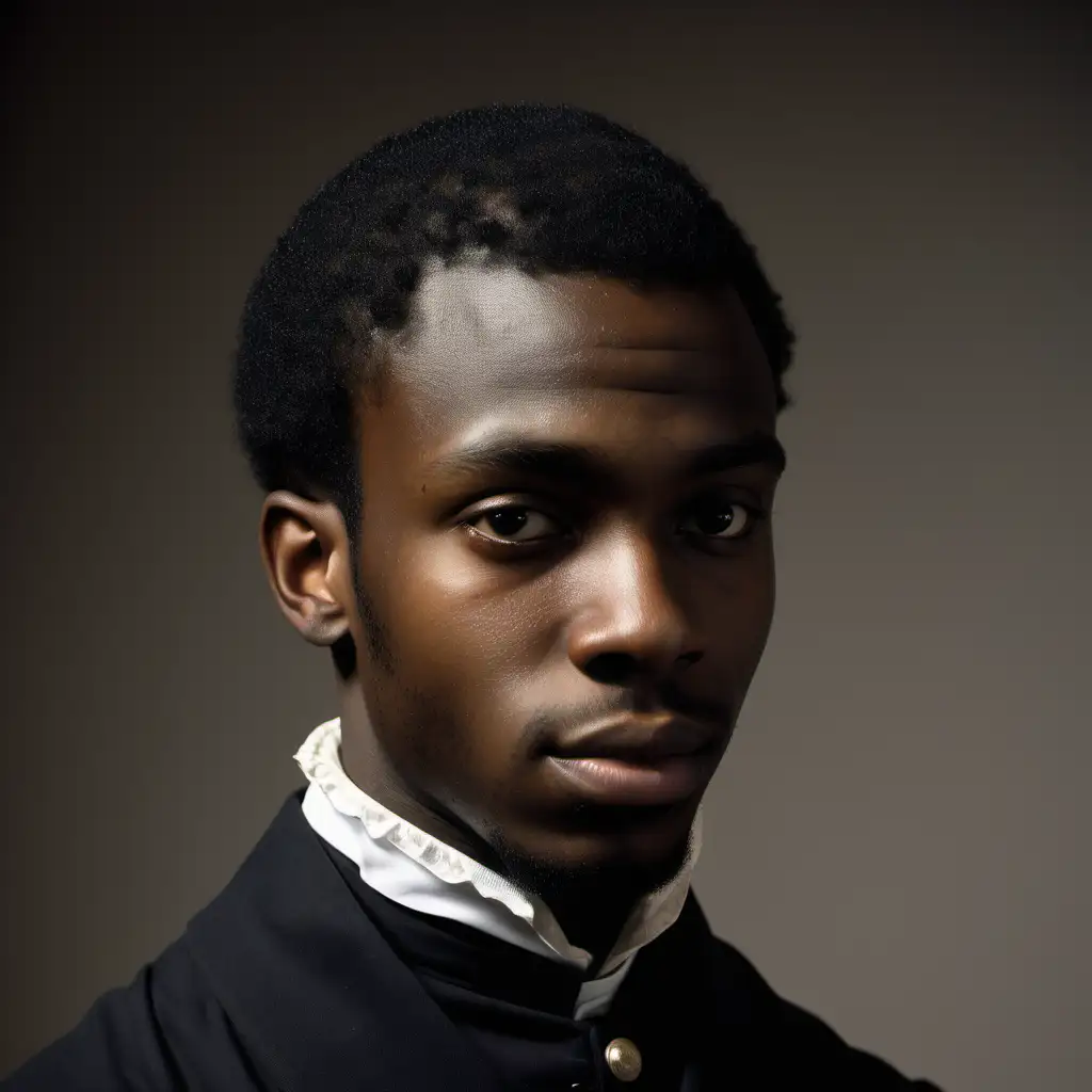A color profile photo of an attractive 25-year old black man dressed in servants clothes not wearing a hat, sombre, set in 1600