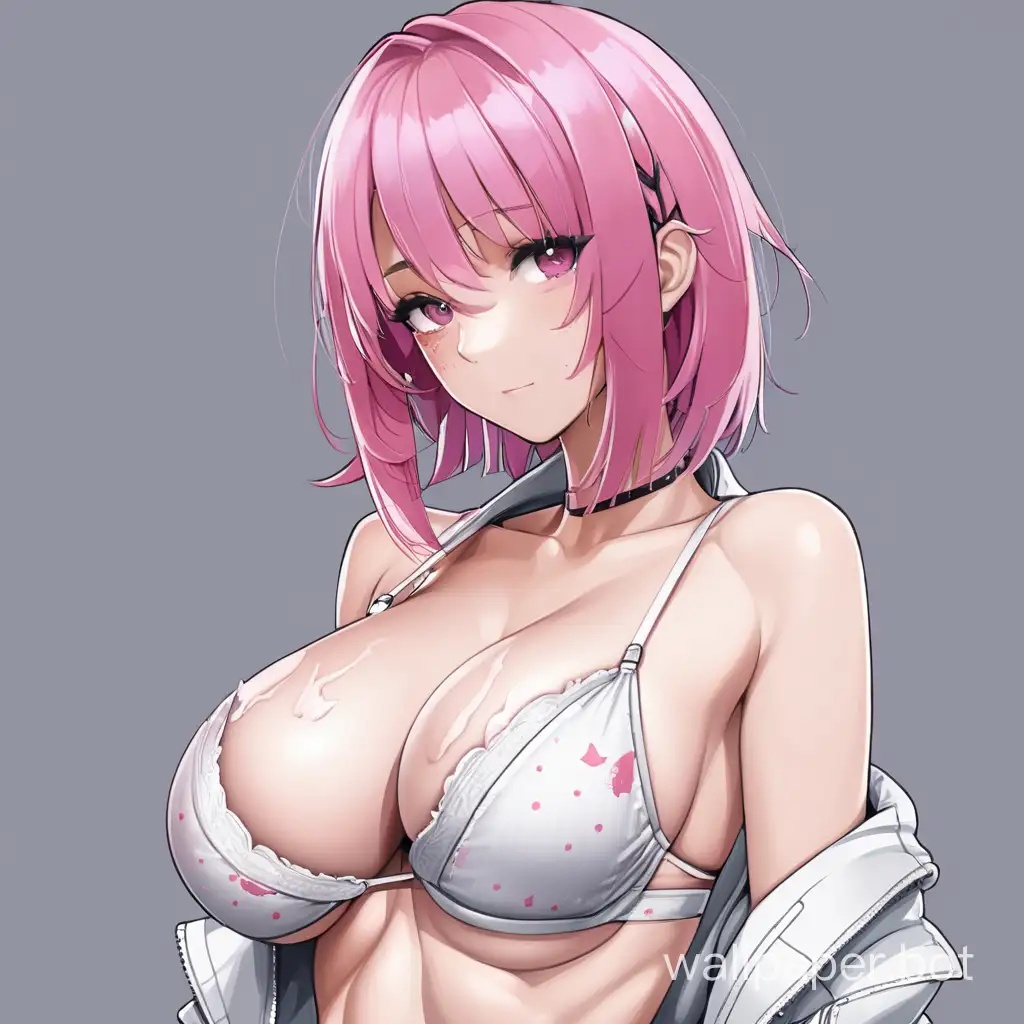 Girl, in a bra, big chest, torn clothes, pink hair