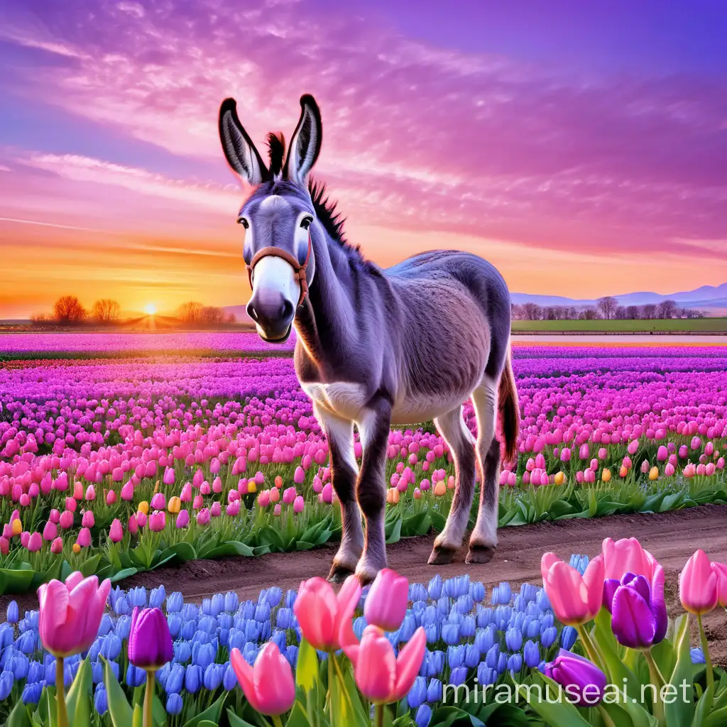 Pink, blue, lilac purple, tulips, wild flowers, sunset, colorful donkey
