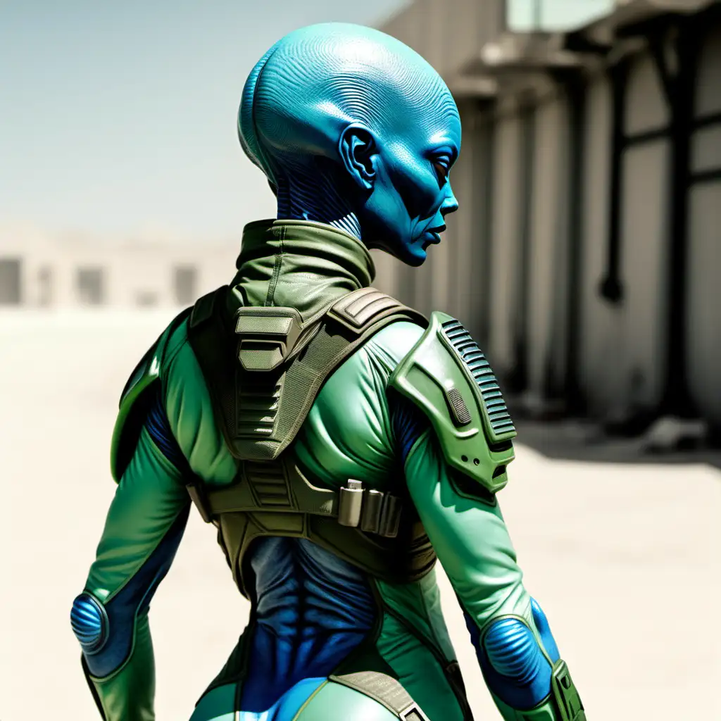 BlueSkinned Alien Female Soldier in Green Combat Uniform