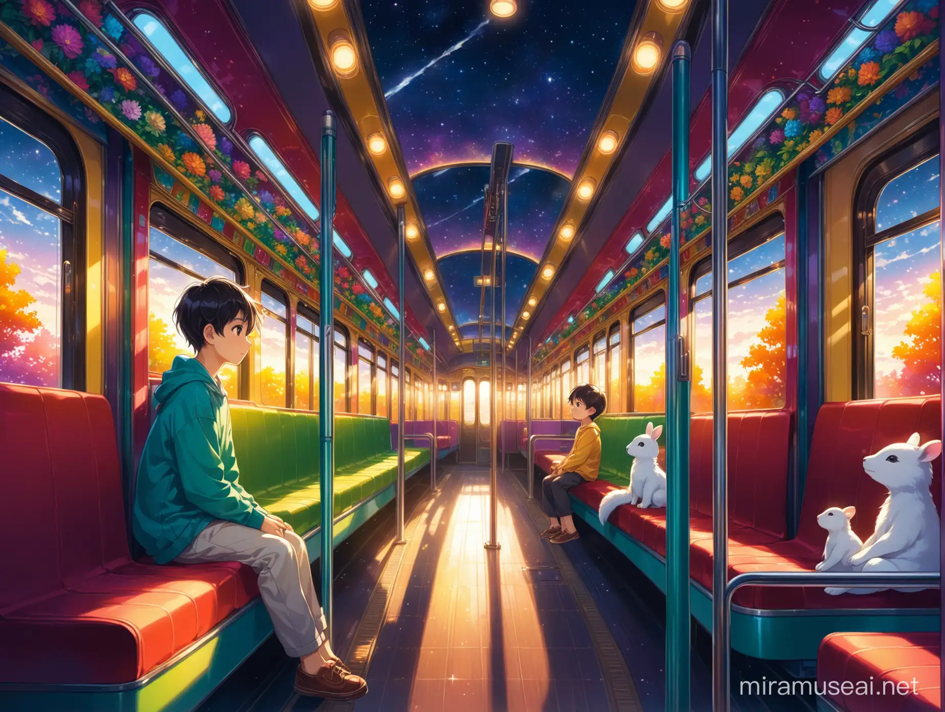 A boy playing a game in a dark room looked into the mirror and saw trees and a dark sky. The boy was sitting on the bed.









A girl stands on the electric train, colorful trees and flowers with sunlight shining on it, and various animals with colorful vases placed on the seats in the electric train.